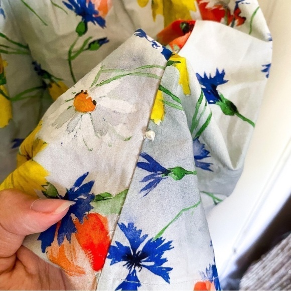 Pearl Lela Rose Dress Floral Poplin Flounce Hem Shirtdress Blue Multi XS GUC - Picture 4 of 9